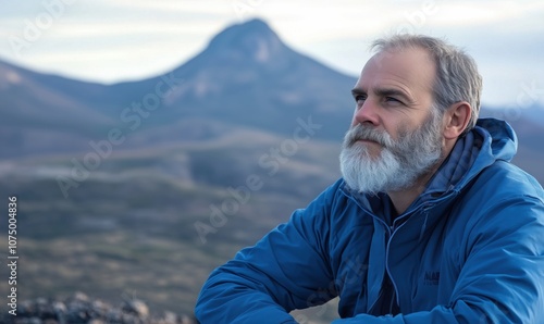 Man contemplating nature in mountainous landscape, serene expression, rugged terrain