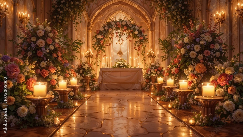 A stunning floral arrangement creates a magical ambiance in a beautifully lit ceremony space adorned with candles and lush greenery, perfect for a romantic celebration A stunning floral arrangement creates a magical ambiance in a beautifully lit ceremony space adorned with candles and lush greenery, perfect for a romantic celebration