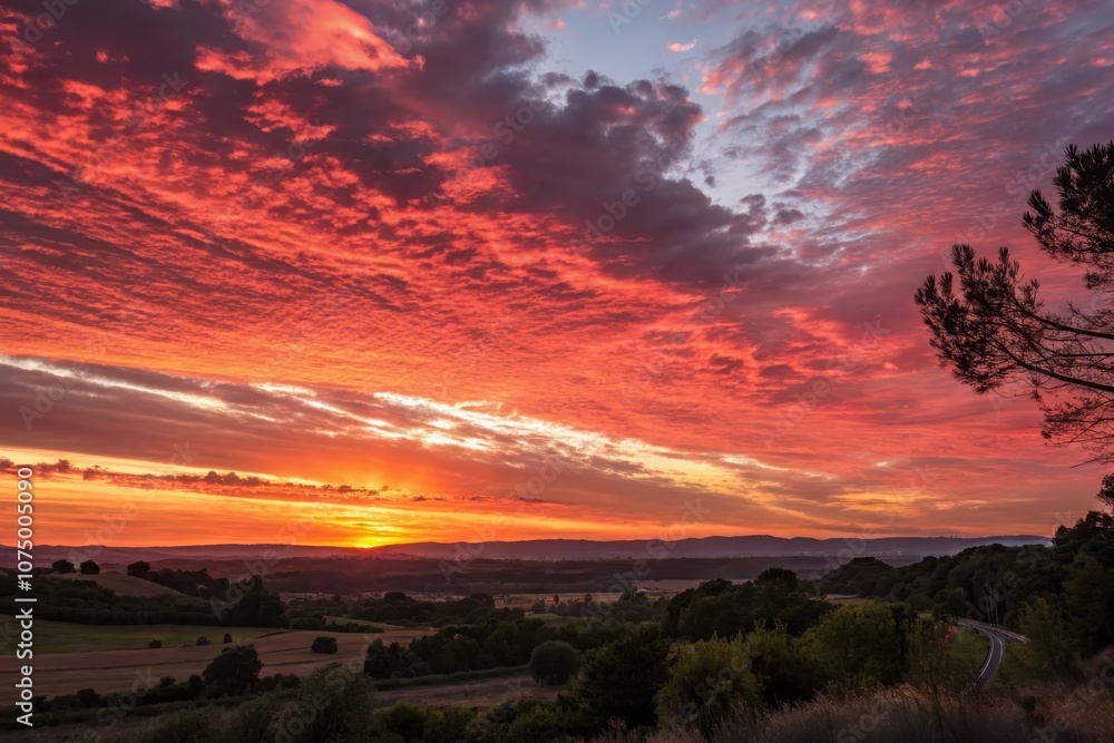 Obraz premium A fiery sunset paints the sky with vibrant hues, casting long shadows over a tranquil landscape, as the sun dips below the horizon, illuminating the distant hills with a warm glow.