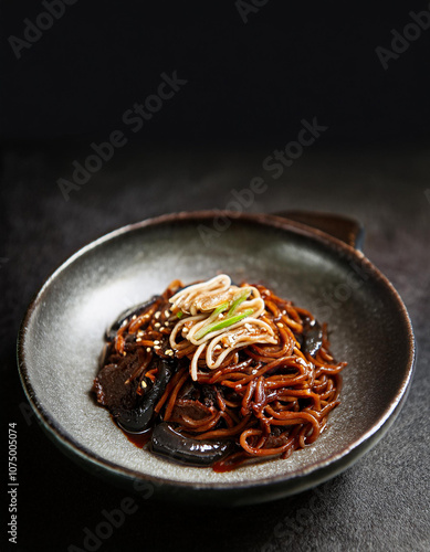 Tasty Korean jajangmyeon, delicious noodle dish. Cooking and culinary concept. photo