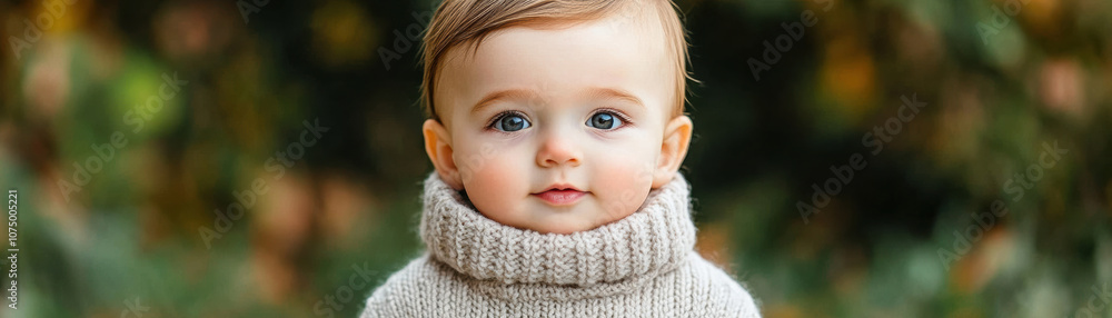 Adorable baby with big blue eyes wearing a cozy knitted sweater, sitting outdoors surrounded by fall foliage. Adorable baby with big blue eyes wearing a cozy knitted sweater, sitting outdoors surrounded by fall foliage.