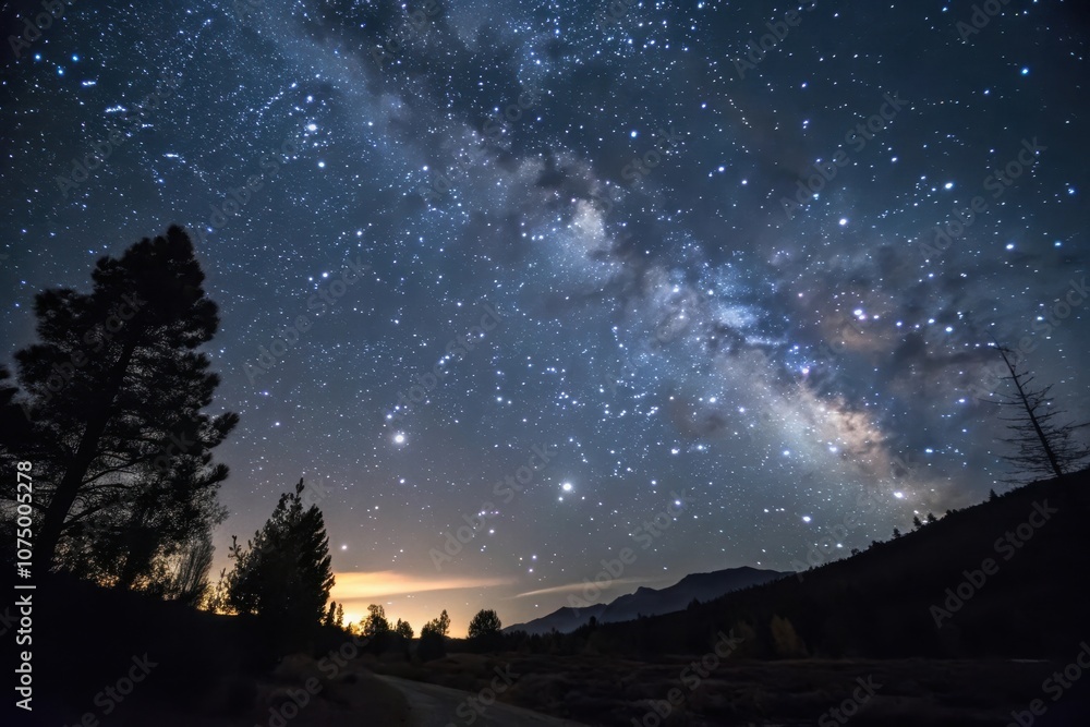 A silhouette of trees against a backdrop of a stunning night sky, featuring a vast expanse of stars and the celestial Milky Way stretching across the horizon. A silhouette of trees against a backdrop of a stunning night sky, featuring a vast expanse of stars and the celestial Milky Way stretching across the horizon.