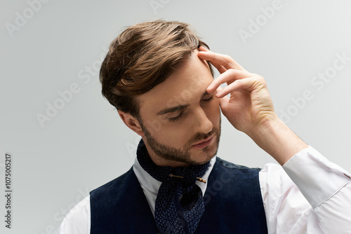 A stylish dandy reflects contemplatively in a minimalistic indoor setting during daylight