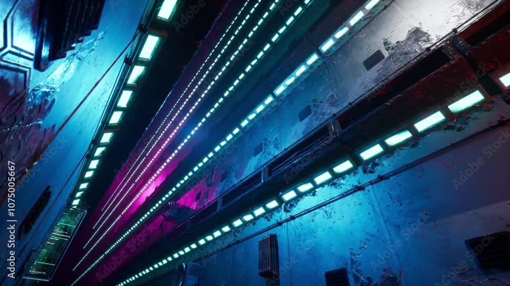 Abstrac industrial cyberpunk building. Camera flying between endless skycreapers walls Abstrac industrial cyberpunk building. Camera flying between endless skycreapers walls