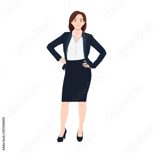 Beautiful business woman in formal suit, standing while holding hands on hip. Flat vector illustration isolated on white background