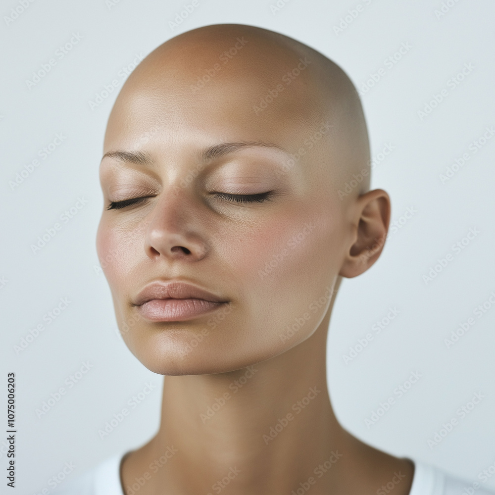 Bald woman close-up studio portrait. Health problem, cancer and alopecia Bald woman close-up studio portrait. Health problem, cancer and alopecia