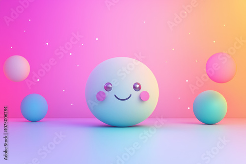Cute spherical character with smiling face in vibrant pastel colors and gradient background. Ideal for child-friendly designs and cheerful concepts.