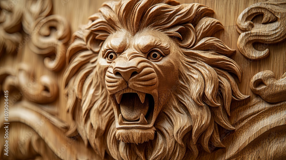 Intricately Carved Wooden Lion Head with Open Mouth Intricately Carved Wooden Lion Head with Open Mouth