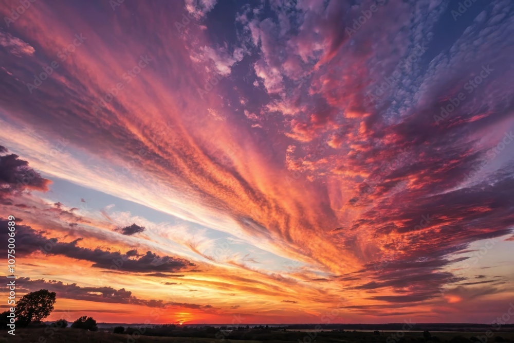 Fototapeta premium A vibrant sunset sky with a captivating display of clouds, showcasing a symphony of colors as the sun descends below the horizon.