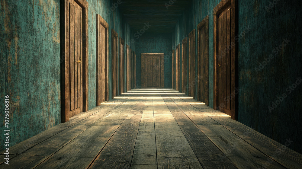 Endless Hallway Featuring Multiple Doors in a Textured Blue and Brown Setting, Evoking Mystery and Exploration in a Surreal Environment Endless Hallway Featuring Multiple Doors in a Textured Blue and Brown Setting, Evoking Mystery and Exploration in a Surreal Environment