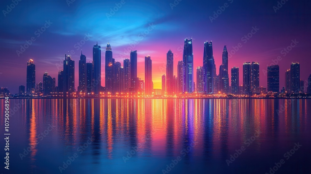 Fototapeta premium breathtaking cityscape illuminated at night, showcasing a vibrant display of lights reflecting off glass skyscrapers, creating a mesmerizing atmosphere perfect for an hd 8k wallpaper
