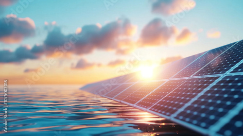 Sustainable Floating Solar Panels in the Ocean at Sunset photo