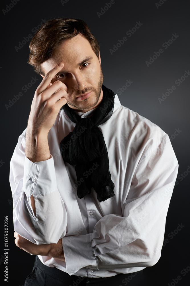A dandy in stylish attire strikes a thoughtful pose against a dramatic backdrop A dandy in stylish attire strikes a thoughtful pose against a dramatic backdrop