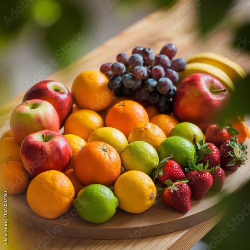 Colorful fresh fruit display on wooden table