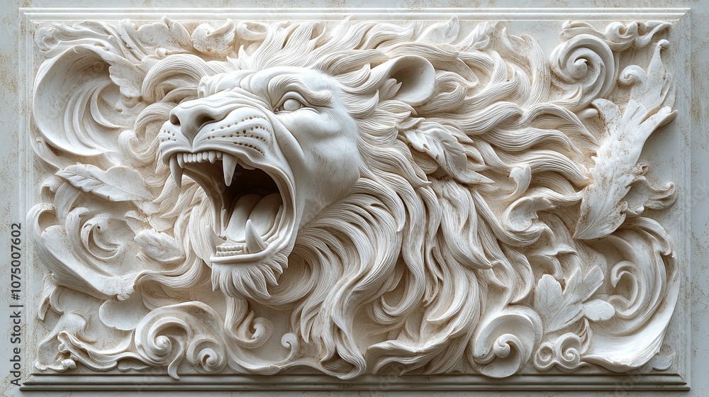 White Marble Lion's Head with Detailed Floral Carvings White Marble Lion's Head with Detailed Floral Carvings