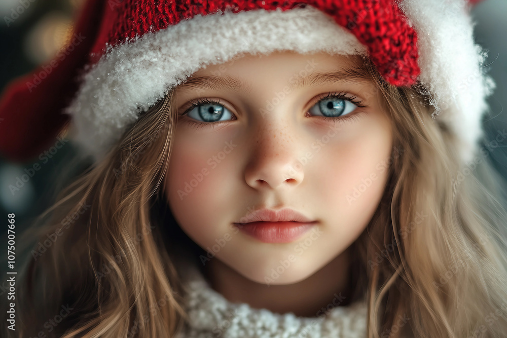 Generative AI image of a smiling girl in a red hat and sweater, celebrating the New Year at school with classmates in festive attire Generative AI image of a smiling girl in a red hat and sweater, celebrating the New Year at school with classmates in festive attire