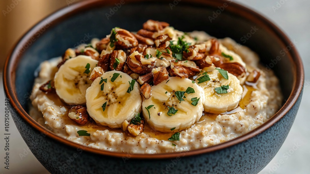 A light breakfast with banana slices, nuts, and honey on top of oatmeal, perfect for a healthy and satisfying diet. A light breakfast with banana slices, nuts, and honey on top of oatmeal, perfect for a healthy and satisfying diet.