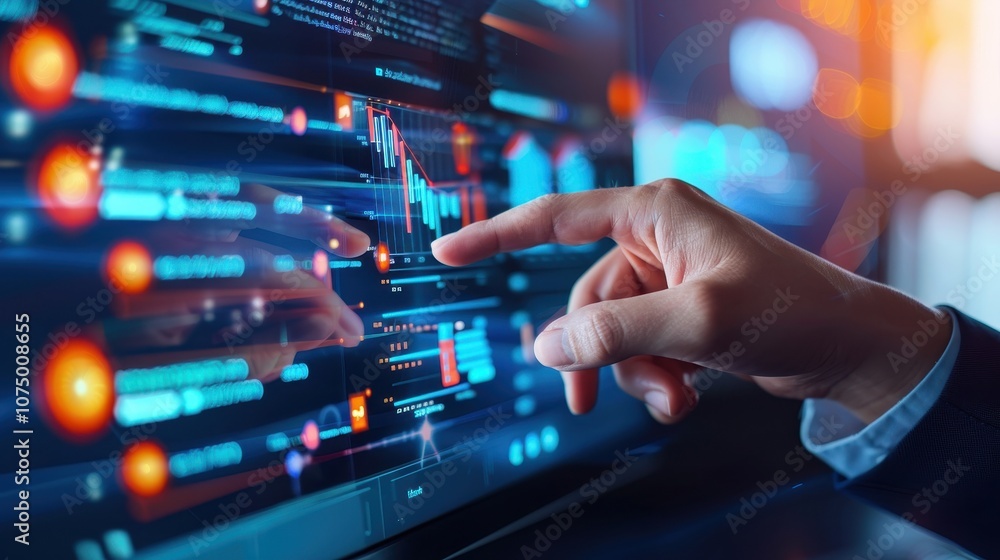 Hand interacting with digital financial data on a touchscreen display, focusing on stock market analysis and data visualization. Hand interacting with digital financial data on a touchscreen display, focusing on stock market analysis and data visualization.