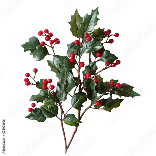 Holly Sprig with Red Berries: A classic festive decoration for the holiday season. The sprig is adorned with lush green leaves and bright red berries, adding a touch of cheer to any setting.  photo