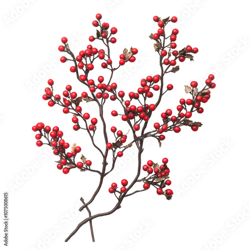 Holly Sprig with Red Berries: A classic festive decoration for the holiday season. The sprig is adorned with lush green leaves and bright red berries, adding a touch of cheer to any setting. 