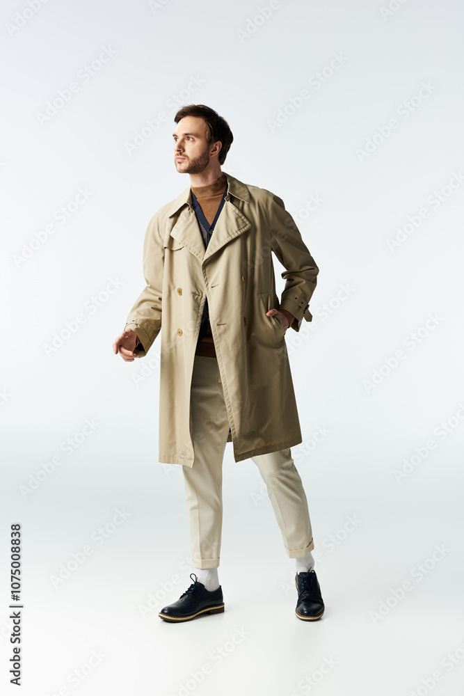 Stylish dandy in a tailored trench coat exudes confidence against a minimalistic backdrop Stylish dandy in a tailored trench coat exudes confidence against a minimalistic backdrop