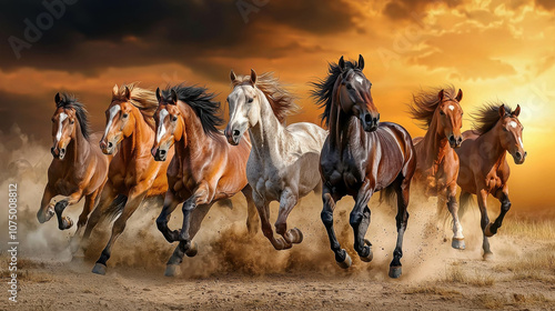 Majestic Wild Horses Galloping Across an Open Field at Sunset, Capturing the Spirit and Freedom of Nature in a Dynamic Scene of Motion photo