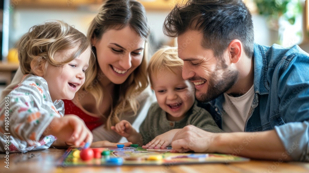 A happy family of four playing board games together, smiling and enjoying each other's company. A happy family of four playing board games together, smiling and enjoying each other's company.