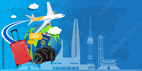 around the world with map. time to travel concept. Road trip. Big set of famous landmarks of the world. vector illustration in flat style modern design.