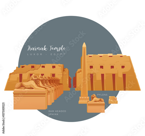 The Karnak Temple - Elements Pylon , Ram Headed Sphinx - Luxor, Egypt - Stock Illustration