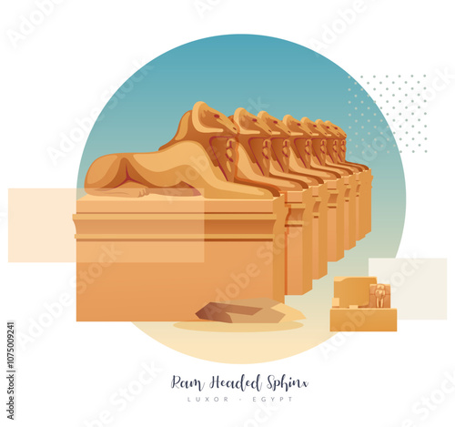 The Karnak Temple - Ram Headed Sphinx - Luxor, Egypt - Stock Illustration