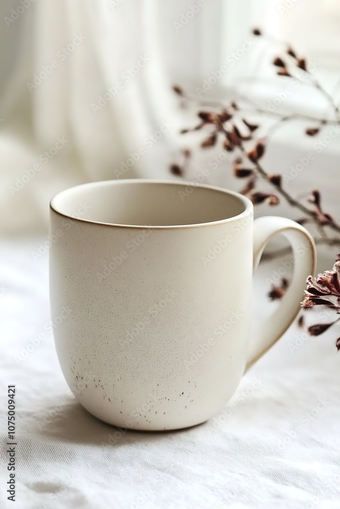 Ceramic mug with speckled design on linen cloth Ceramic mug with speckled design on linen cloth