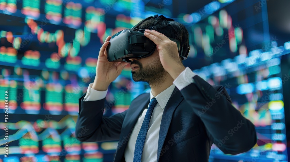 Businessman in a suit using a virtual reality headset, analyzing stock market data visualizations in a high-tech setting, symbolizing innovation in financial analysis. Businessman in a suit using a virtual reality headset, analyzing stock market data visualizations in a high-tech setting, symbolizing innovation in financial analysis.