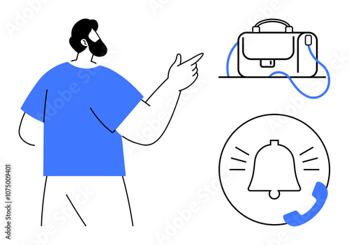 Man points at briefcase and notification symbols indicating business tasks and communication alerts. Ideal for business management, workplace organization, digital communication, task reminders