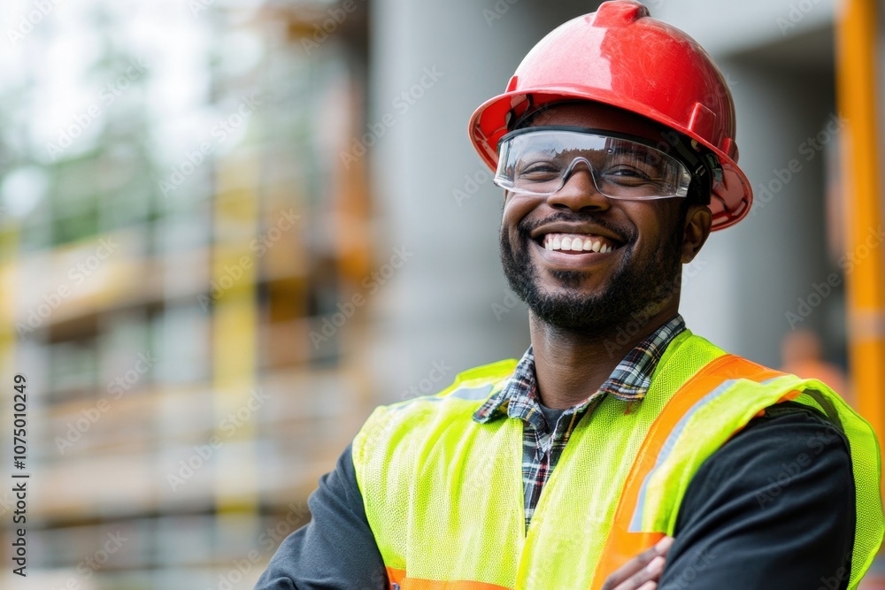 Smiling construction worker in a red hard hat and safety vest on-site Smiling construction worker in a red hard hat and safety vest on-site