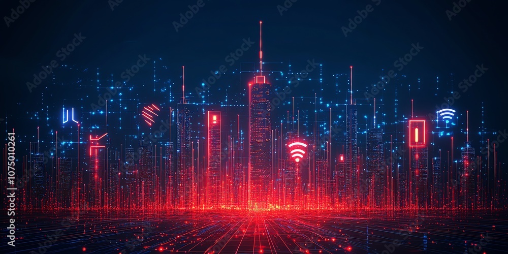 Futuristic cityscape with glowing red and blue lights. Futuristic cityscape with glowing red and blue lights.
