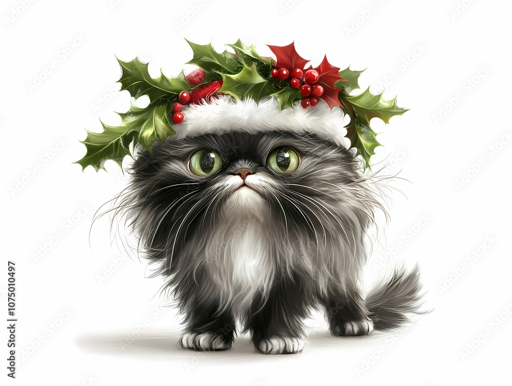 Digital Art Cute Persian cat close-up in Christmas Santa hat costume isolated on white background Digital Art Cute Persian cat close-up in Christmas Santa hat costume isolated on white background