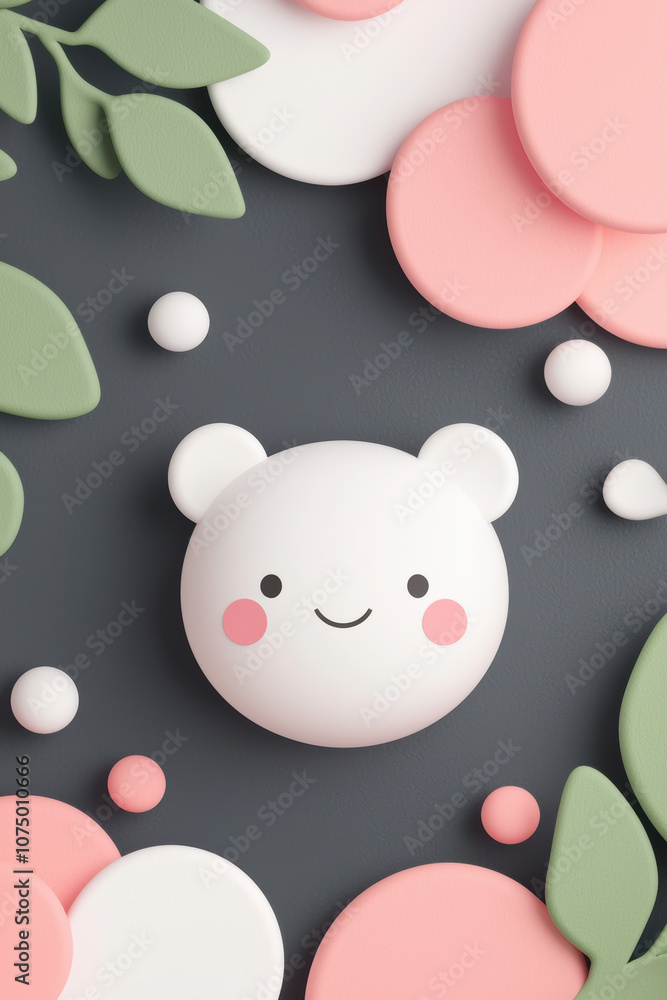 Cute round ceramic bear face with smile, surrounded by pastel circles and leaves against a dark background. Minimalist and playful aesthetic. Cute round ceramic bear face with smile, surrounded by pastel circles and leaves against a dark background. Minimalist and playful aesthetic.