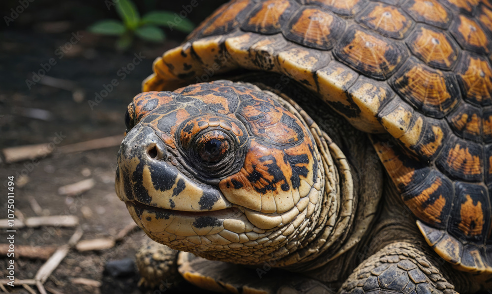 Naklejka premium A close-up of a turtle with a black and yellow shell, looking directly at the camera