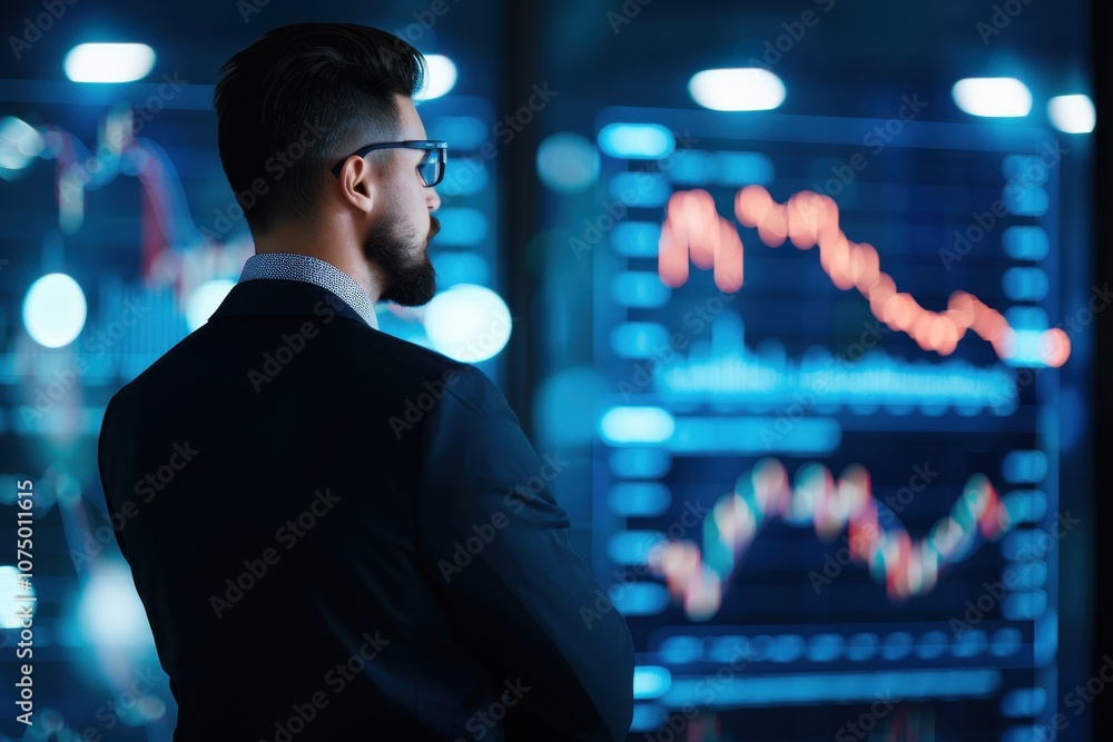 Rear view of a business analyst in a dark suit observing multiple digital screens displaying financial market trends and data charts. Rear view of a business analyst in a dark suit observing multiple digital screens displaying financial market trends and data charts.