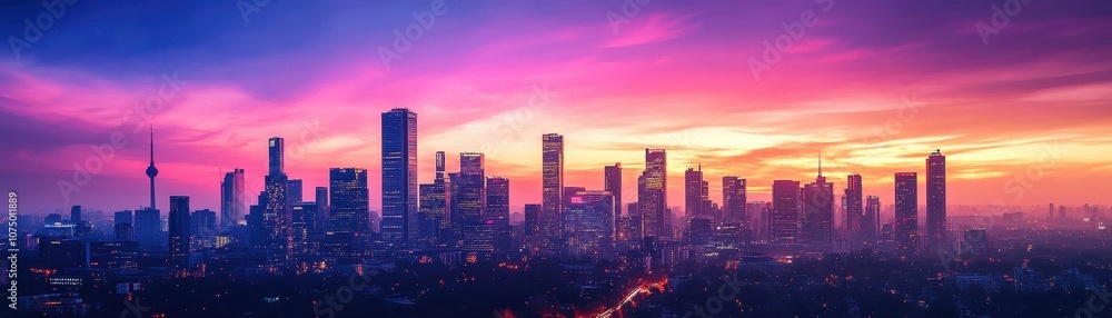 Fototapeta premium Stunning Urban Skyline at Sunset with Vibrant Colors and Modern Skyscrapers in a Panoramic Cityscape View