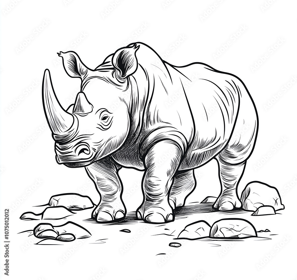 Fototapeta premium line art sketch of an African rhinoceros in black and white. The rhinoceros is standing on its hind legs with short