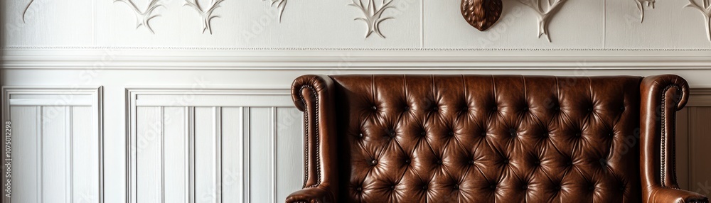 Obraz premium A vintage leather armchair against a textured wall with decorative elements.