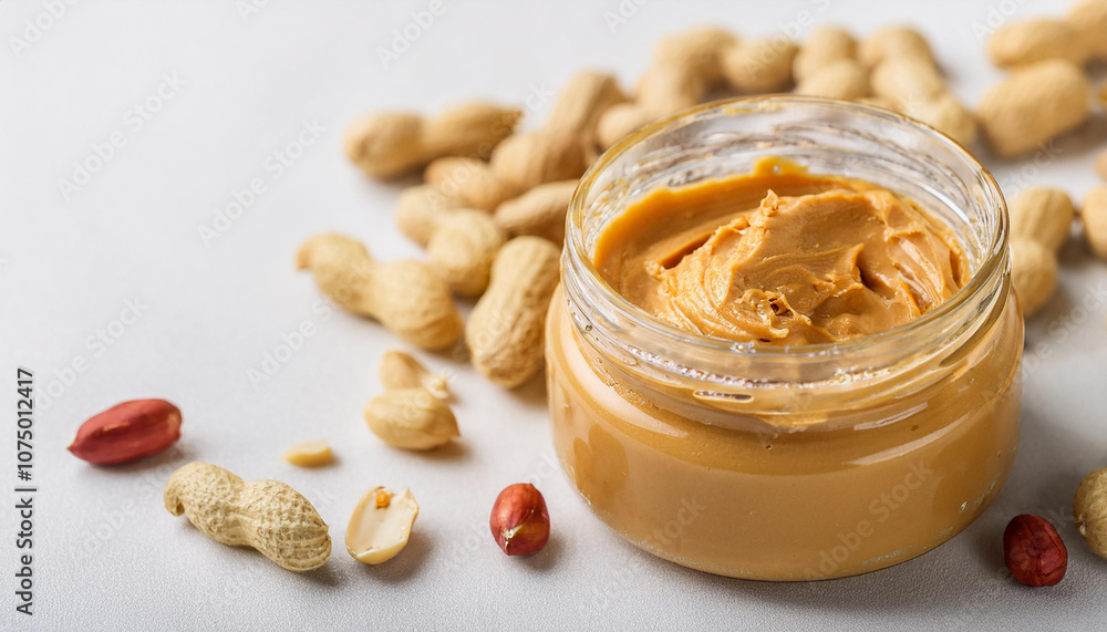 Glass jar of peanut butter. Delicious snack. Cooking and culinary concept. Glass jar of peanut butter. Delicious snack. Cooking and culinary concept.