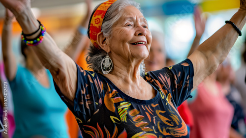 Joyful senior woman dancing with raised arms in vibrant setting