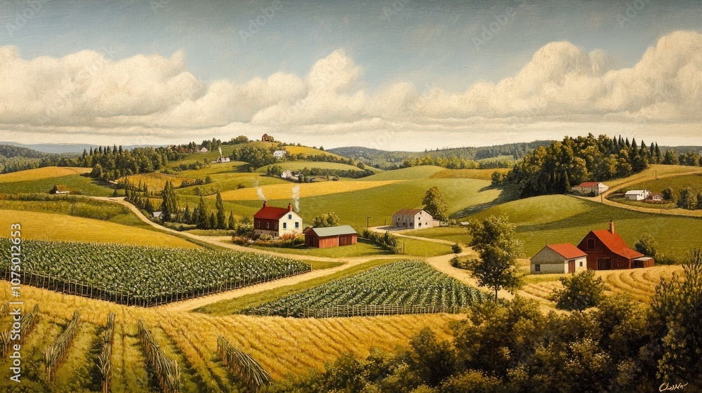 Naklejka premium Rural farm view with fields of crops, a farmhouse, and barns scattered across the landscape