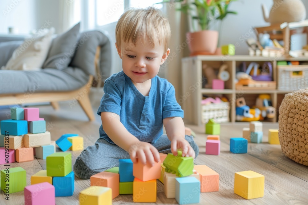 Toddler engaged in creative play with bright wooden blocks on the floor of a cozy home Toddler engaged in creative play with bright wooden blocks on the floor of a cozy home