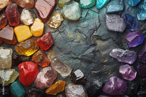 Brightly colored gemstones on a textured surface