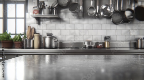 Modern Kitchen Interior with Metal Countertop and Hanging Cookware, Featuring Bright and Inviting Design Elements for Culinary Enthusiasts