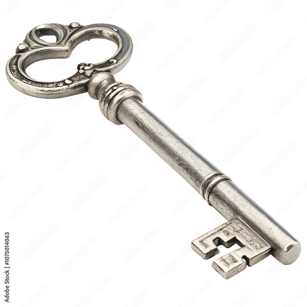 A polished silver key with a traditional shape, isolated on a transparent background A polished silver key with a traditional shape, isolated on a transparent background