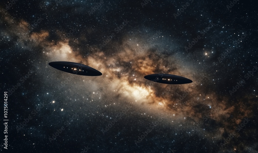 UFOs in space, two flying saucers against cosmic backdrop, stars and galaxy UFOs in space, two flying saucers against cosmic backdrop, stars and galaxy